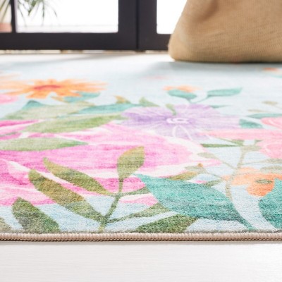 Aqua and Pink Floral Synthetic Washable Rectangular Rug