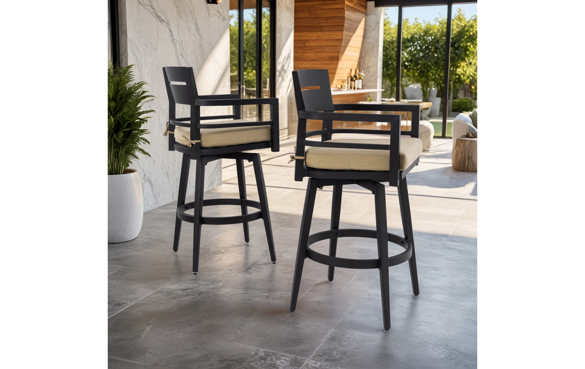 Modern Outdoor 360° Swivel Bar Chair with Taupe Cushion,Aluminum Bar Chair for Patio or Poolside,Set of 2 Bar Chairs with Tapered Legs-Koiai