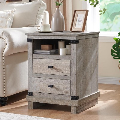 SinCiDo Nightstand with Charging Station, 18″ Farmhouse Night Stand with 2 Drawers, Wood Rustic End Table
