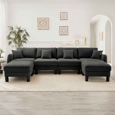 U-Shape Sectional Sofa with 2 Ottomans, 4-Seater Sofa with Armrests and Cylindrical Legs, Boucle Fabric Couch with Cushion-Coolbibila