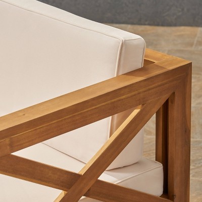 Teak and Beige Acacia Wood 3-Seater Outdoor Sofa Set with Ottoman