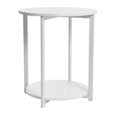 White Round Minimalist End Table with Metal Frame and Shelf