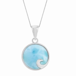 Caribbean Treasures Sterling Silver Round Larimar Wave Design 18" Pendant Necklace - Blue - 1 of 1