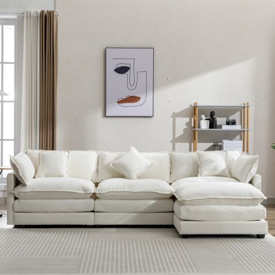 111.4"W Sectional Sofa Couch, 4-seater L-Shape Chenille Upholstered Sofa Chair with Ottoman and 5 Pillows -ModernLuxe