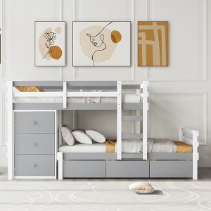 VYNXARIA Twin over Twin Loft Bunk Bed with Drawers and Ladder, Gray - 1 of 4