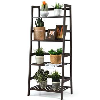 Costway 4-Tier Bamboo Ladder Shelf Plant Display Stand Rack Bookshelf Dark Brown