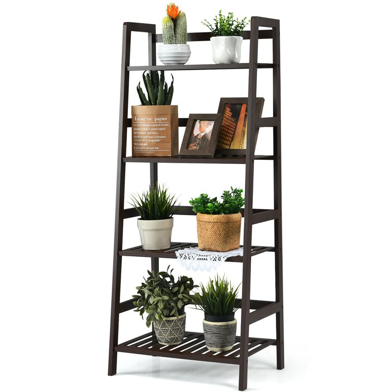 Costway 4-Tier Bamboo Ladder Shelf Plant Display Stand Rack Bookshelf Dark Brown, 1 of 10