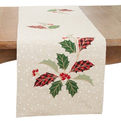 Saro Lifestyle Winter Wonderland Buffalo Plaid Holly Leaves Table Runner, 16"x70", Beige