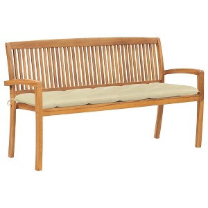 vidaXL Outdoor Patio Bench with Cushion - Teak Wood, Cream White Stacking Design for Garden, Terrace, Patio, Deck - 62.6" W x 22.6" D x 35.4" H - 1 of 4