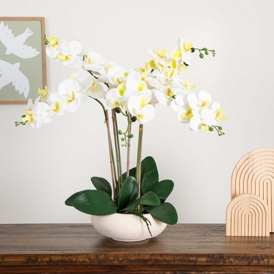 23" White and Yellow Artificial Orchid Arrangement in Ceramic Planter