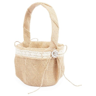 Sparkle and Bash Burlap Flower Girl Basket with Lace Ribbon for Weddings, Natural Color (5 x 9 in)