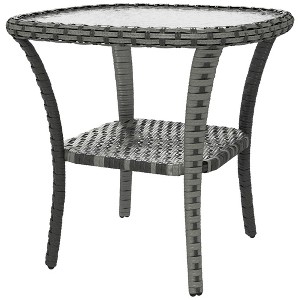 Outdoor Coffee Table with Storage Shelf, Hand-Woven Wicker Side Table with Water-Ripple Glass Top - 1 of 4