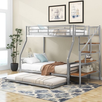 NicBex Twin over Full Bunk Bed Metal Bed Frame with Trundle, Storage Stairs and Full Length Guardrail, Space Saving, No Box Spring Required