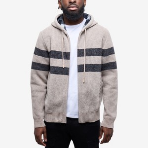 CULTURA Mens' Full Zip Hooded Striped Cardigan Sweater With Faux Shearling Lining - 1 of 4