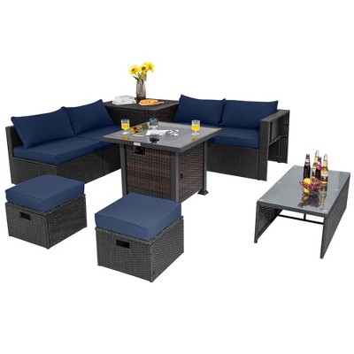Tangkula 9PCS Furniture Set w/ 32" Fire Pit Table 50,000 BTU Square Propane Fire Pit Patio Navy