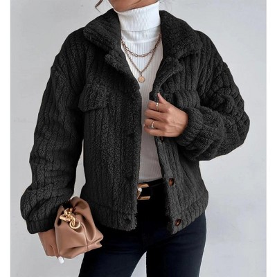 Women Coats Collar Neck Button Front Long Sleeve Thickened Casual Coat with Decorative Pockets Black XL