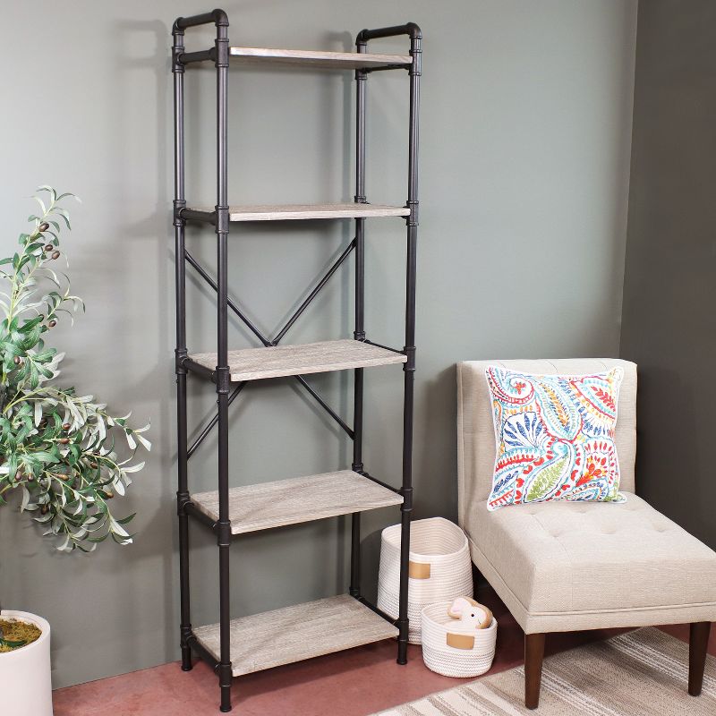 Sunnydaze 5 Shelf Industrial Style Pipe Frame Freestanding Bookshelf with Wood Veneer Shelves, 2 of 10