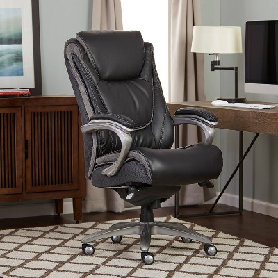 ErgoExecutive High-Back Black Leather & Wood Swivel Office Chair