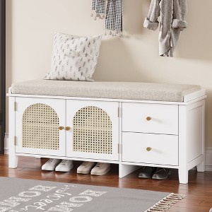TIRAMISUBEST Shoe Storage Bench,Vintage Shoe Bench with Storage and Cushion, Shoe Bench with 2 Drawers and 2 Rattan Door - 1 of 4