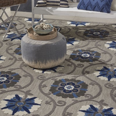 Aloha Floral Blue/Grey Synthetic 9'6" x 13' Indoor/Outdoor Rug