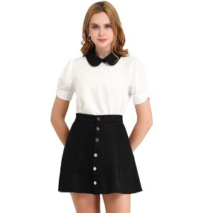 INSPIRE CHIC Women's Vintage Peter Pan Collar Contrast Puff Short Sleeve Blouse - 1 of 4
