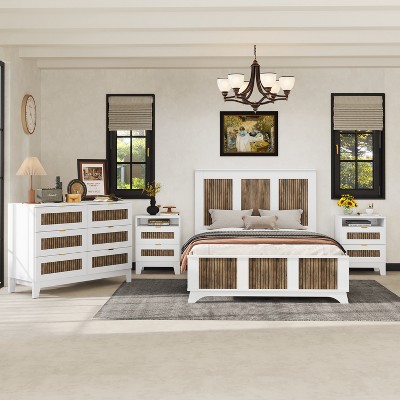 4-Piece Bedroom Sets, Full/Queen Size Farmhouse Platform Bed with Wooden Strip Decoration, Storage Nightstand and Dresser 4B - ModernLuxe