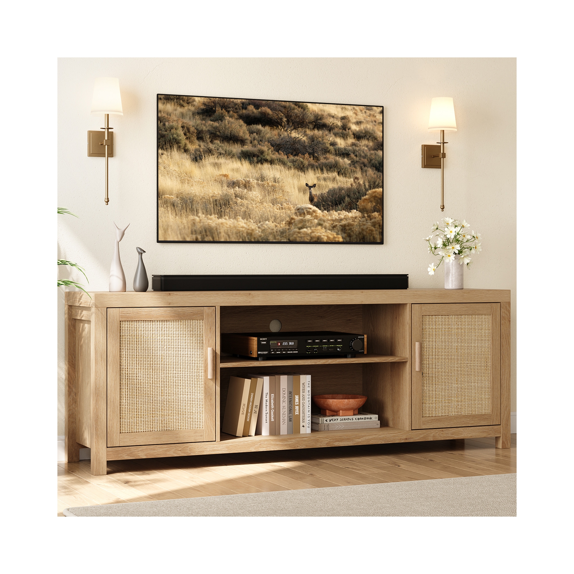 Rattan TV Stand for 75 inch, Boho Entertainment Center with Adjustable Shelves, Natural Oak TV & Media Cabinet 2-Tier Storage for Living Room Bedroom