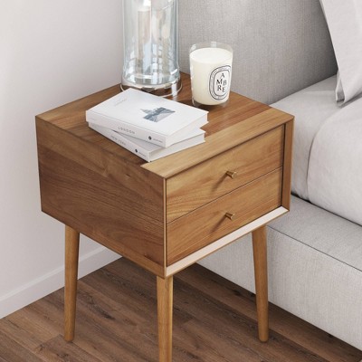 Harper Mid-Century Oak Wood Nightstand with Vintage Brass Hardware