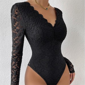 Women's Jumpsuit V Neck Sexy Lace Long Sleeve Bodysuit - 1 of 4