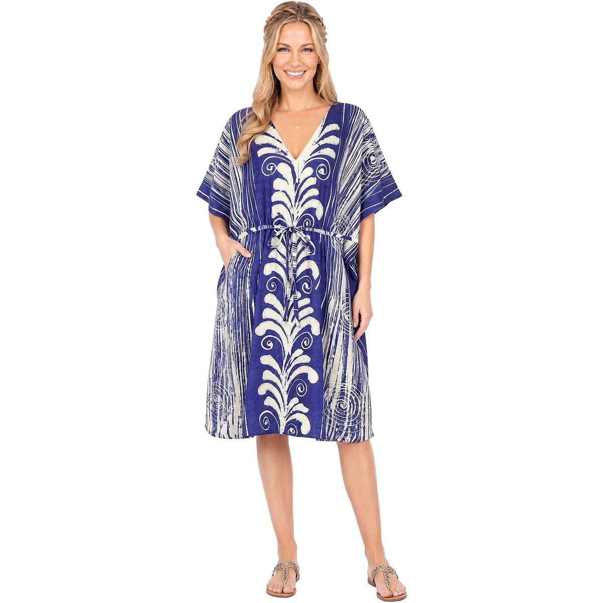 LA LEELA Summer Cotton Beach Caftan Dress for Women Resortwear Vacation Cruise Holiday Pregnancy Wear Lounge Style 2X-3X Blue Paisley