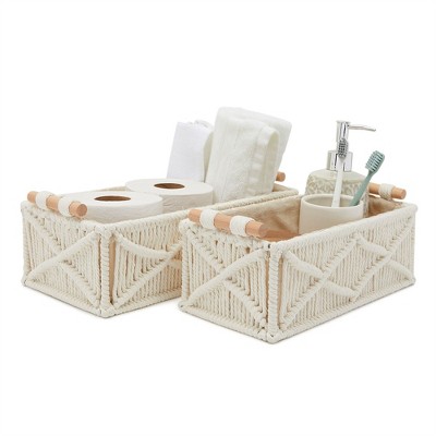 Ivory Macrame Rectangular Storage Baskets with Wood Handles, Set of 2
