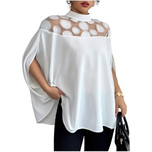 Women's Sheer Yoke Embellished Blouse Mock Neck Flowy Long Sleeve Top - 1 of 4