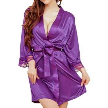 PiccoCasa Silk Satin Women Lady Lingerie Robe Sleepwear Nightwear Gown Bathrobes Purple