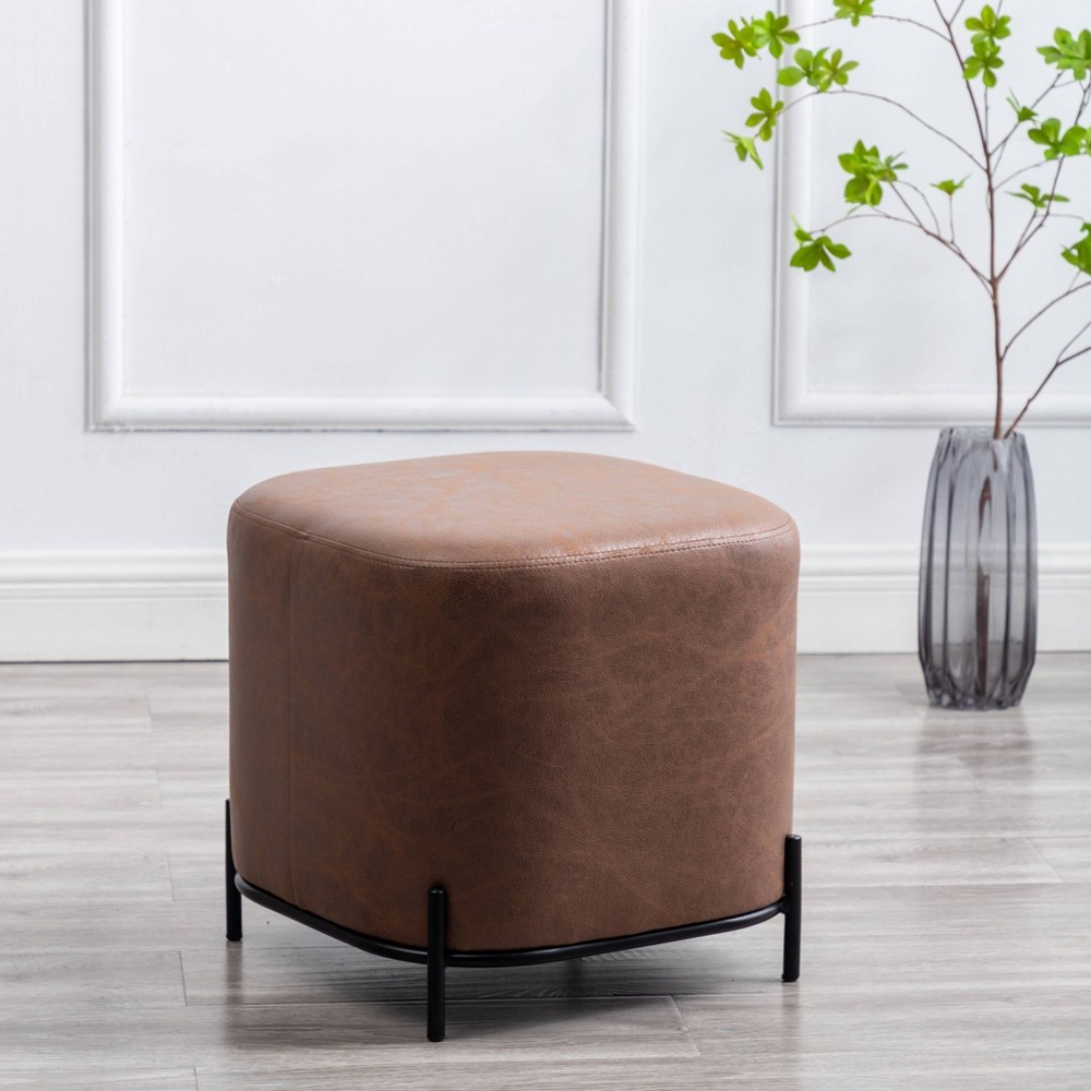 Photos - Pouffe / Bench WOVENBYRD 17" Modern Square Ottoman with Metal Base Light Brown Faux Leather: Polyester Upholstery, Spot Clean, No Storage