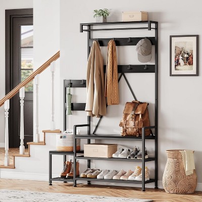 Solid Wood Coat Rack,Hall Tree With Bench and Shoe Storage Parent-Child Coat Rack Shoe Bench Industrial Coat Tree Entryway Large Organizer