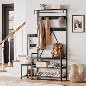 Solid Wood Coat Rack,Hall Tree With Bench and Shoe Storage Parent-Child Coat Rack Shoe Bench Industrial Coat Tree Entryway Large Organizer - 1 of 4