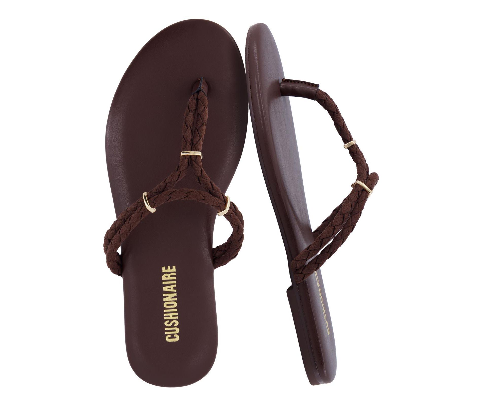 CUSHIONAIRE Trio Flip Flops for Women, Comfortable Beach Sandals with Braided Thong Strap, Memory Foam Footbed and Metallic Ring Accents