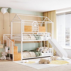 Twin Over Twin Metal Bunk Bed, Metal Housebed with Slide and Storage Stair - 1 of 4