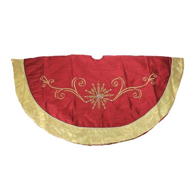 Northlight 54" Gold and Burgundy Gem Embroidered Snowflake Swirls Silk Christmas Tree Skirt