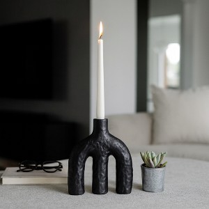 Decorative Double Arched Taper Candle Holder - Unique Volcano Texture Candlestick Holder for Dining Room Table Centerpieces - Black - 1 of 4