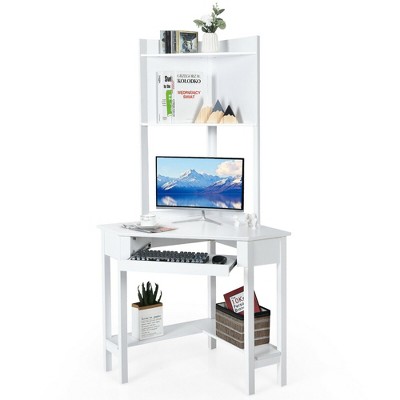 Costway Corner Computer Desk Triangle Study Desk w/ Hutch & Keyboard Tray White