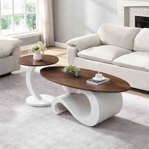 KWPZQEB Luxury Nesting Coffee Table Set of 2, Oval Center Table and Round End Table w/ Curved Metal Base, Modern Cocktail Table for Living Room,White - 1 of 4