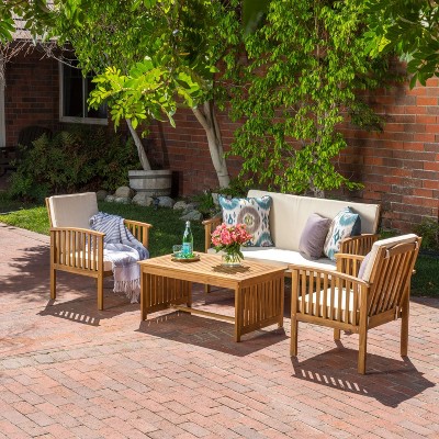 4-Piece Outdoor Patio Conversation Set, Acacia Wood Patio Sofa Set with Armchair, Loveseat, Coffee Table and Cushions – Maison Boucle