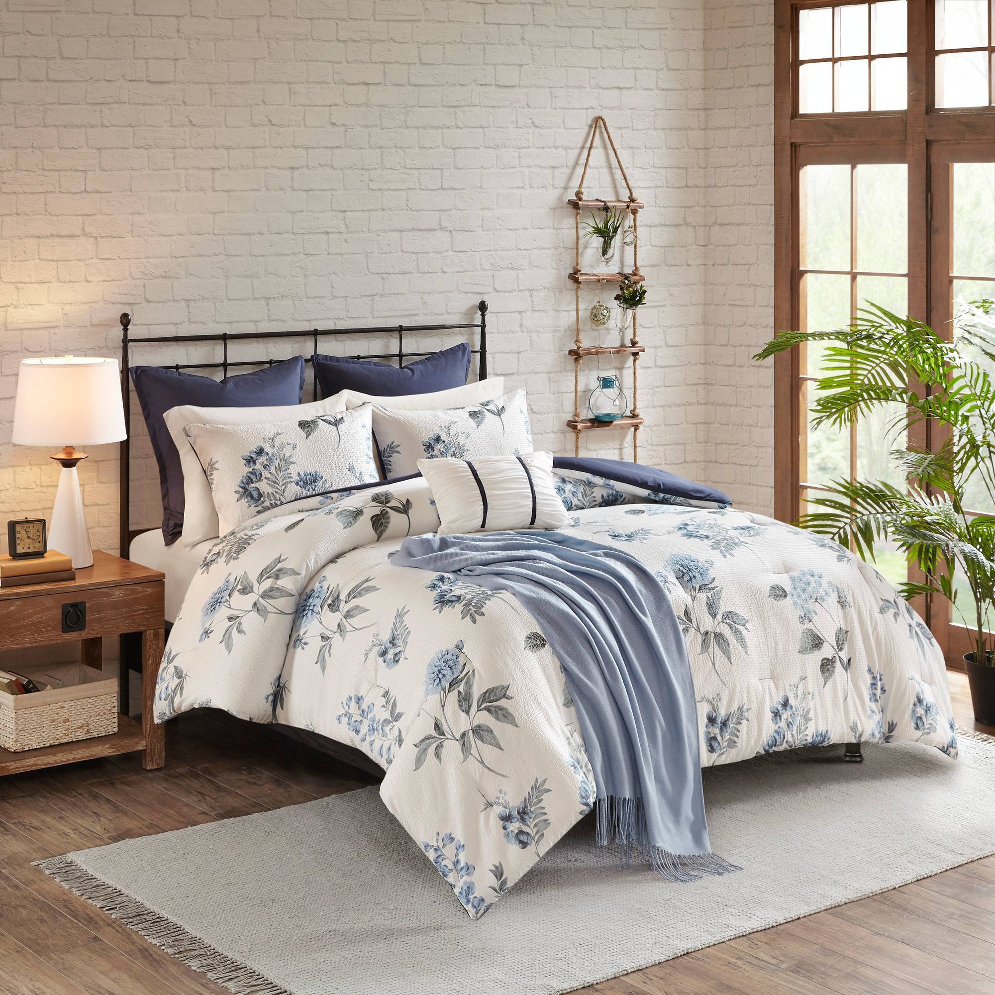 Madison Park Full/Queen 7pc Benita Print Seersucker Comforter Set with Throw Blanket Blue: Polyester Farmhouse Style Bedding Sets