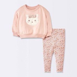 Baby Girls' 2pc Cat Applique Sweatshirt & Leggings Set - Cloud Island™ Pink - 1 of 4