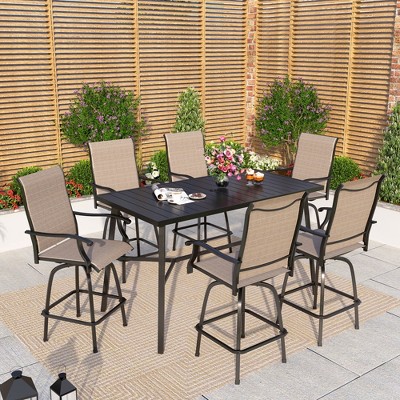Captiva Designs 7pc Slatted Top Rectangle Metal Bar Table with X-Shaped Cross Bracket & Sling Swivel Bar Stools