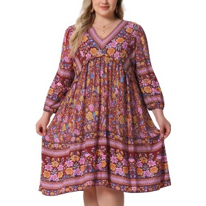 Agnes Orinda Women's Plus Size Boho V Neck 3/4 Sleeve Floral Casual Beach Mini A Line Dress - 1 of 4