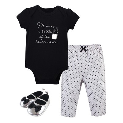 Image of Little Treasure Baby Girl Cotton Bodysuit, Pant and Shoe 3pc Set, Bottle, 0-3 Months