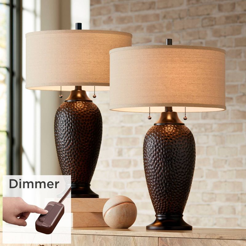 360 Lighting Cody Rustic Farmhouse Table Lamps 26" High Set of 2 Hammered Oiled Bronze with Table Top Dimmers Oatmeal Shade for Bedroom Living Room, 2 of 10