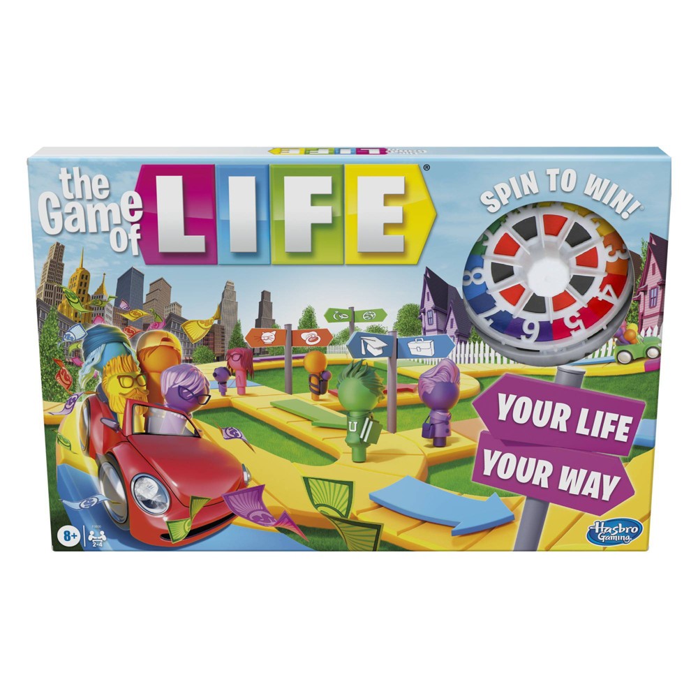 The Game Of Life, board games and card games Buckle up for an exciting ride through life's twists and turns. Pop in colorful pegs and spin to move along the gameboard as life unfolds from Start to Retirement. Every Stop! Space is a major life milestone where players spin for their fate or choose their path forward. Decide whether or not to get married, grow a family, or retire early. Action cards give players options for how their adventures play out! Willing to take a risk? Invest in a number on the investment tracker and get more cash whenever someone spins that number. Spend cash wisely because the player with the most money at the end of the game wins! The Game of Life game is a fun thing to do while staying at home and a great indoor game for kids ages 8 and up. It makes an exciting pick for game night or a homeschool activity. Hasbro Gaming and all related trademarks and logos are trademarks of Hasbro, Inc. Spin to Win is a trademark of The Trustee of the Reuben B. Klamer L.T. •Includes gameboard with spinner, 90 cards (55 Action cards, 20 Career cards, 11 House cards, 4 Invest cards), 4 cars, 36 pegs, money pack, and game guide. •Ages 8 and up •For 2 to 4 players. •Adult Assembly Required.